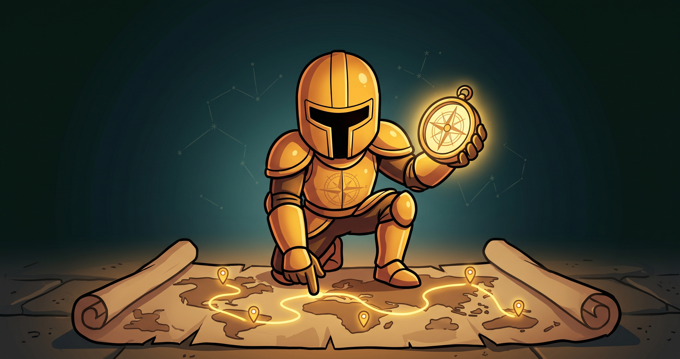 The VivaWhiz explorer knight kneeling over a glowing treasure map with a compass in hand