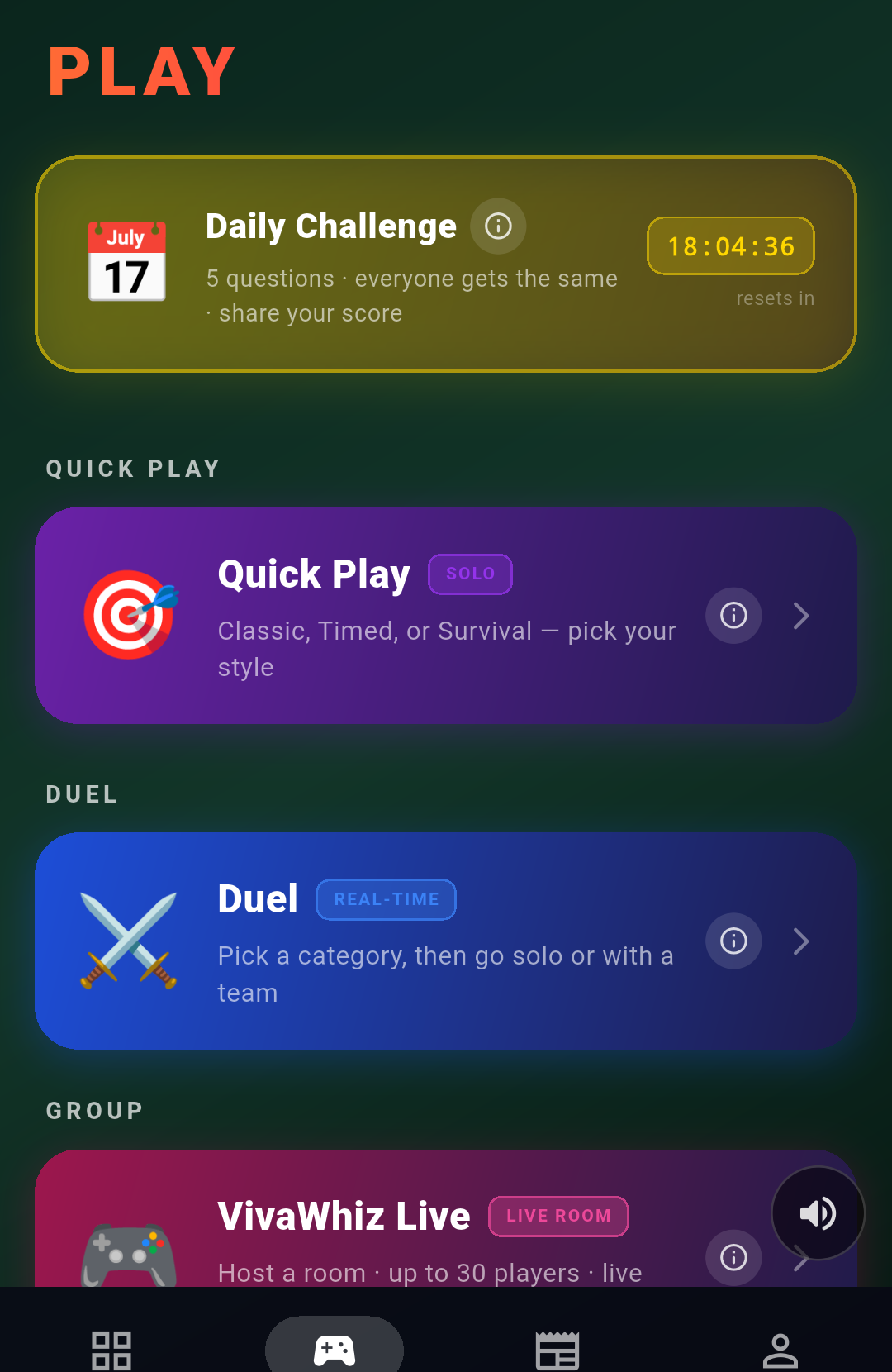 The VivaWhiz Play tab, showing Daily Challenge, Quick Play, Duel, and VivaWhiz Live