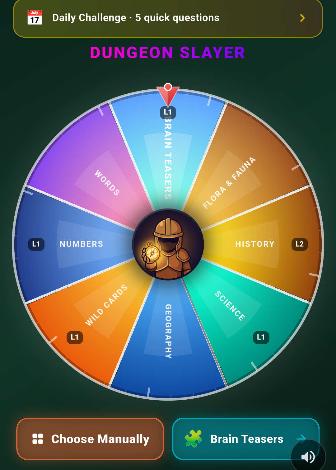 The VivaWhiz Dungeon Slayer wheel — spin to pick Science, History, Geography, Flora & Fauna, Brain Teasers, Words, Numbers, or Wild Cards